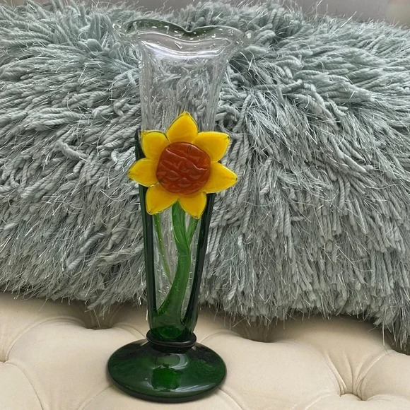 Handmade Blown Glass Flower Bud Vase Sunflower And Stems 10" Tall - Picture 1 of 5